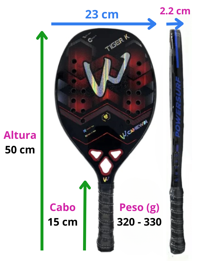 Raquete Tenis Praia Fibra Carbono 3K Camewin Tiger K Red Profissional
