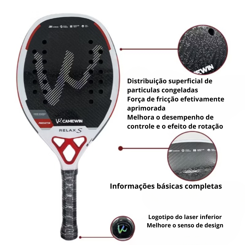 Raquete De Tênis De Praia Fibra Carbono 3K Profissional CAMEWIN Relax S Red 2025 Novo