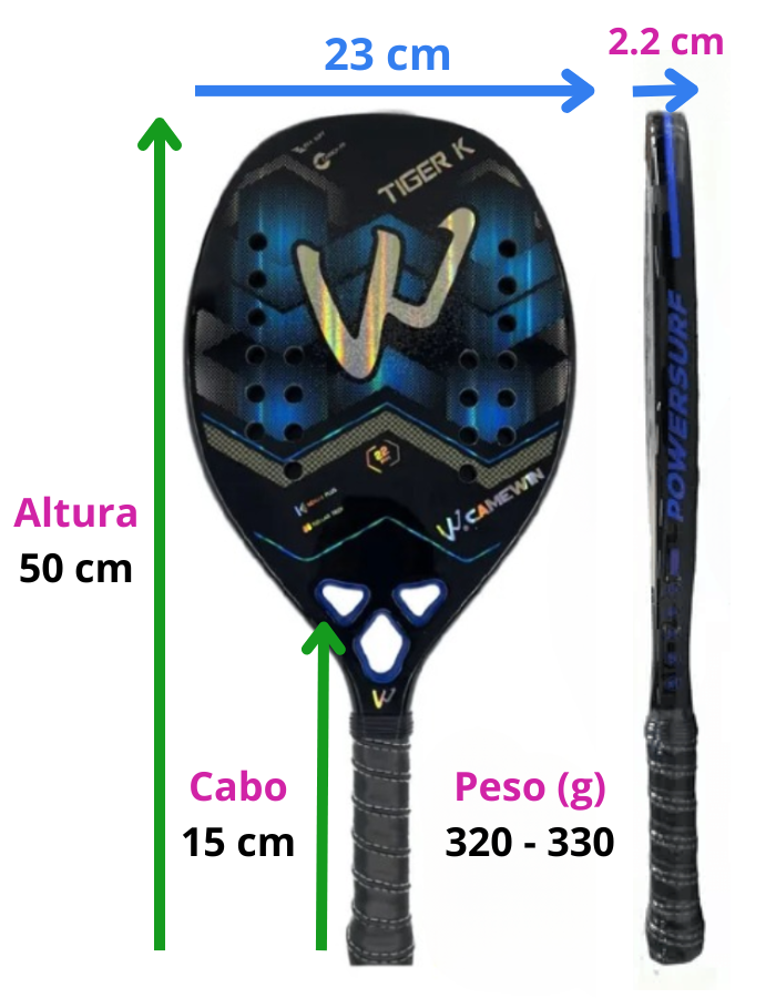 Raquete Tenis Praia Fibra Carbono 3K Camewin Tiger K Blue Profissional