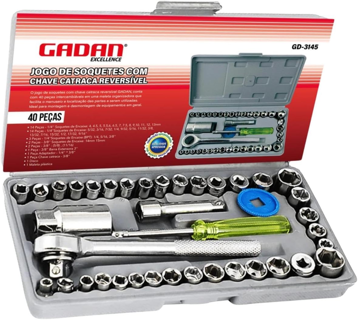 Kit Chave Catraca Soquete Sextavados 40 Peças Reversível Maleta