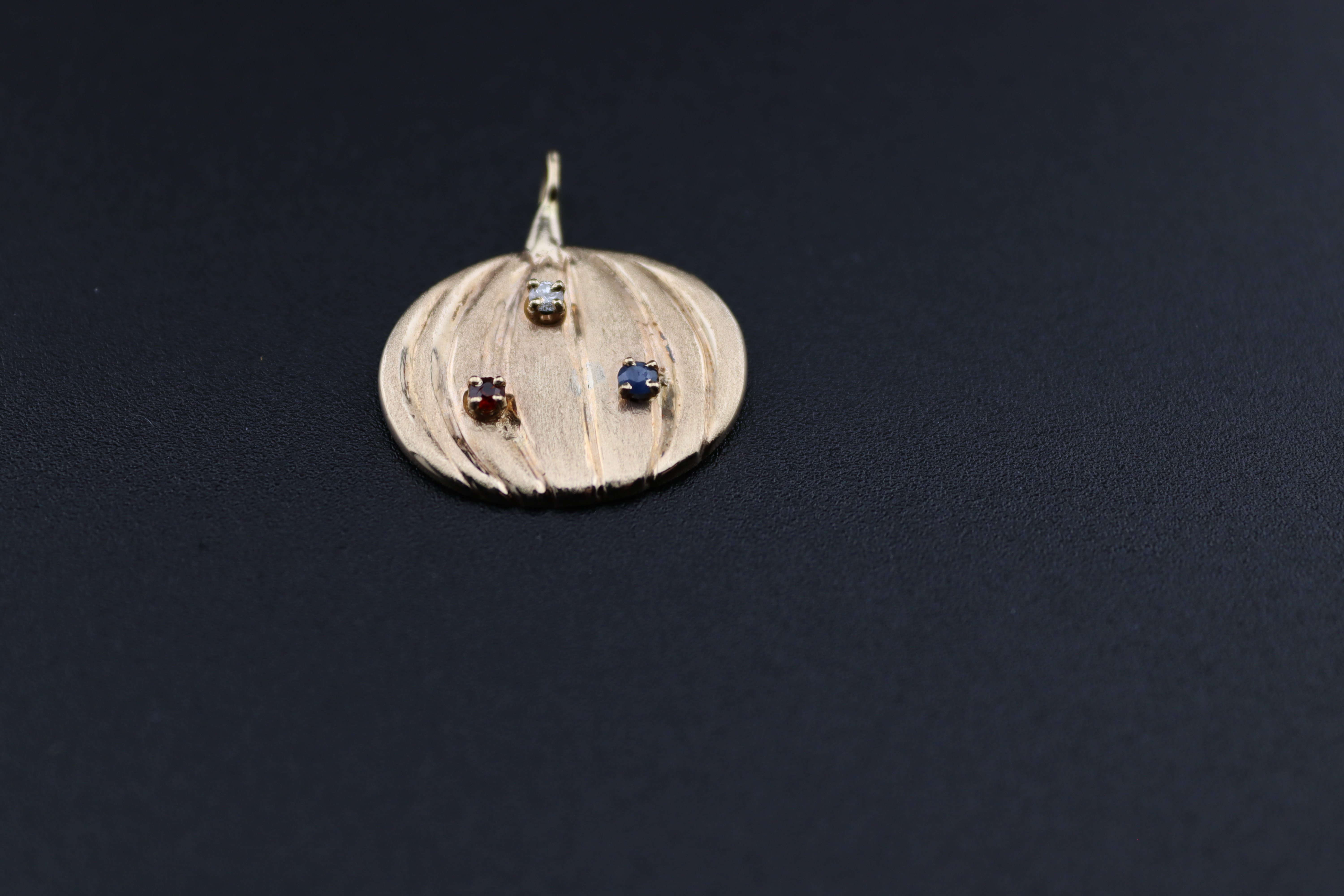 14K Gold Pumpkin Pendant with Gemstones Saphire Ruby & Diamond