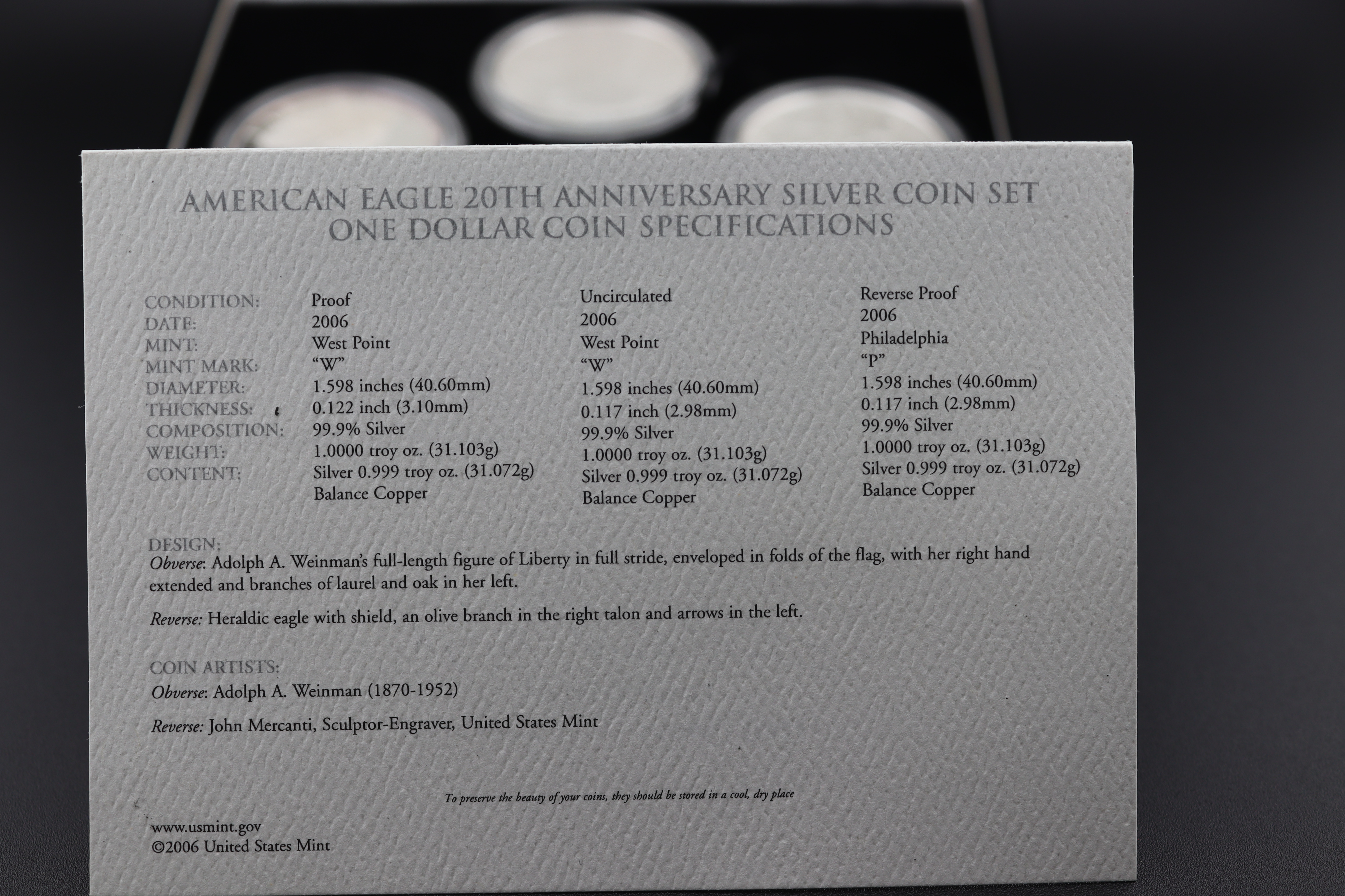 2006-West Point Silver Eagle 20th Anniversary 3-Coin Set; Reverse Proof, Proof, Uncirculated