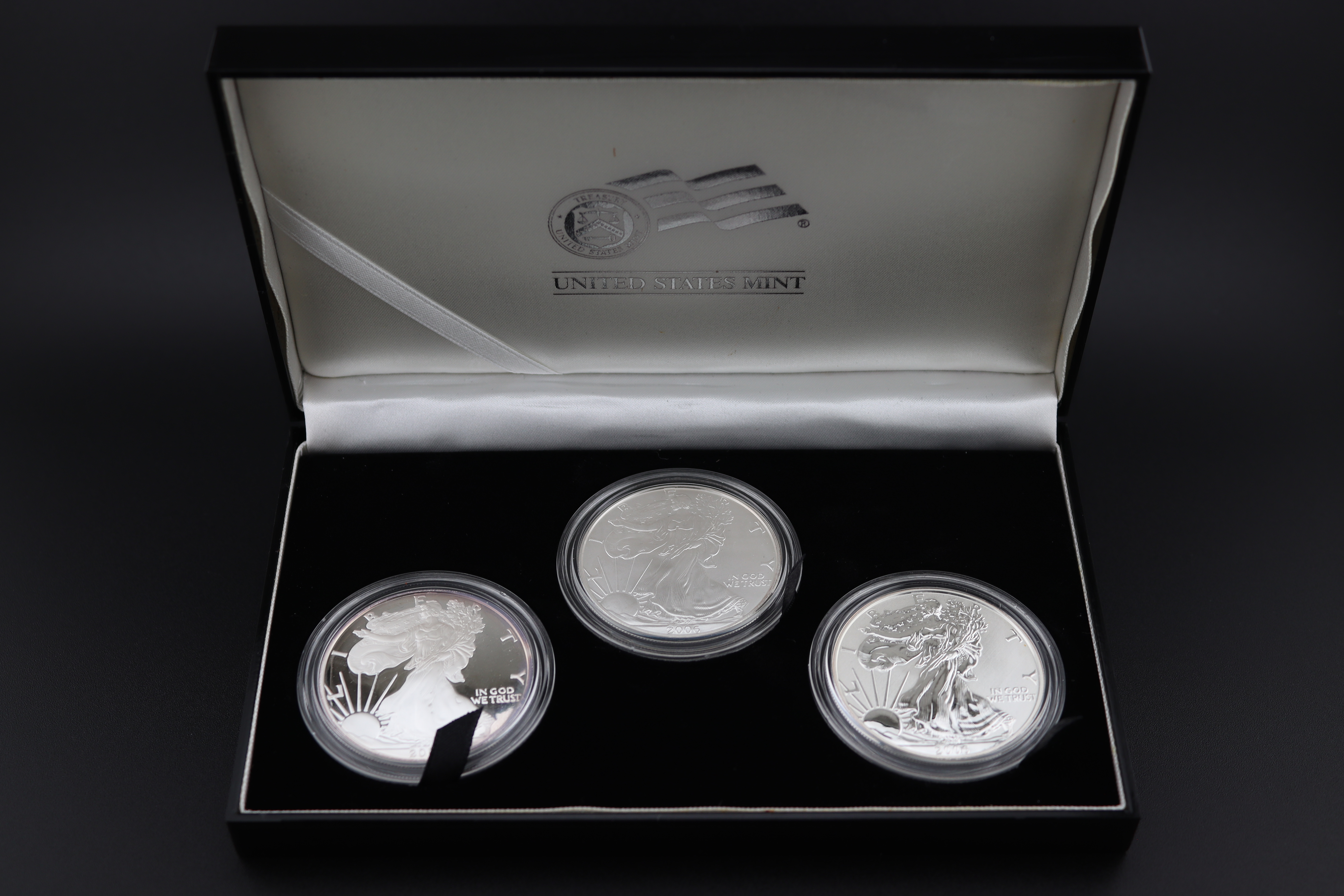 2006-West Point Silver Eagle 20th Anniversary 3-Coin Set; Reverse Proof, Proof, Uncirculated