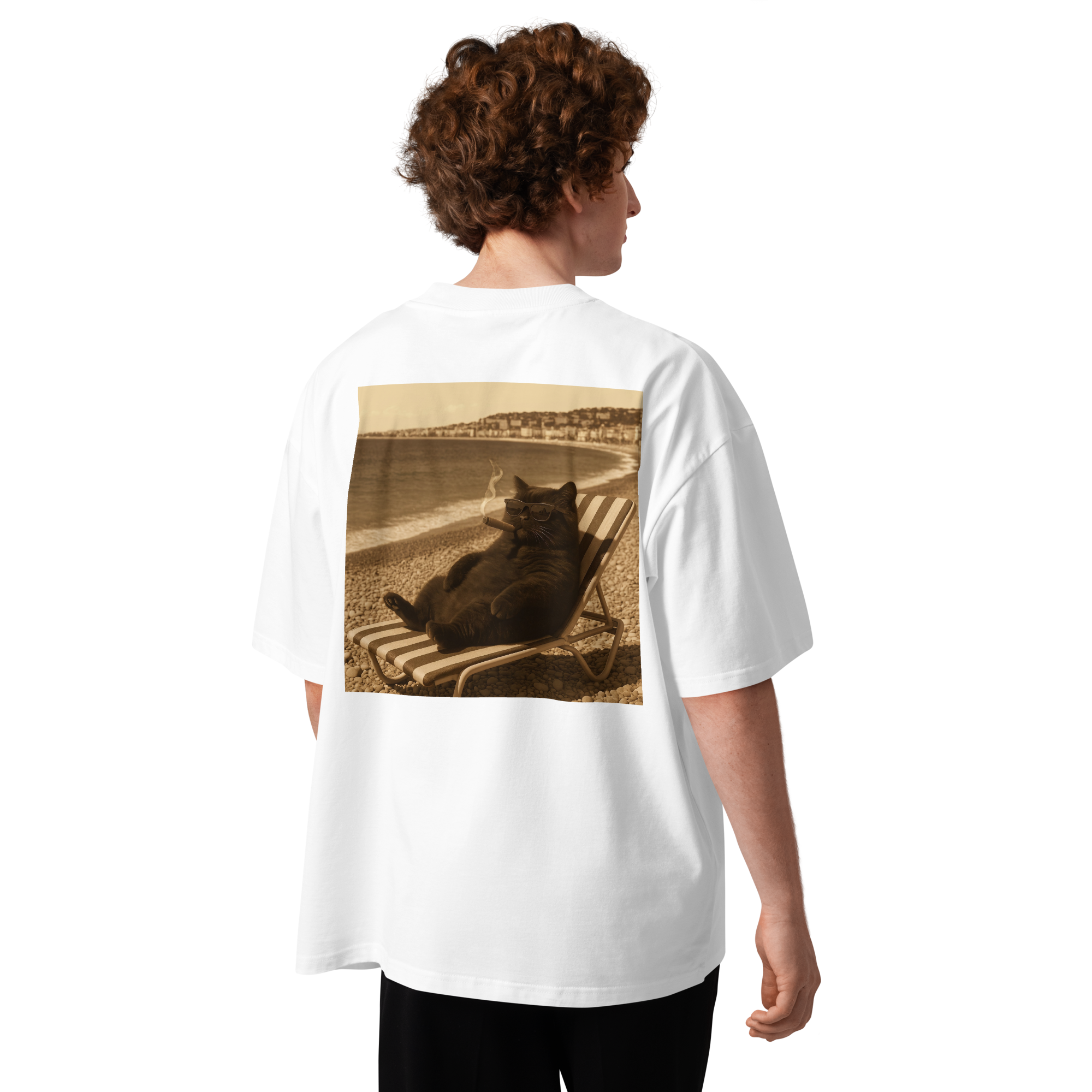 Cigare & Croquettes Beach Cat Oversized Tee Shirt White 