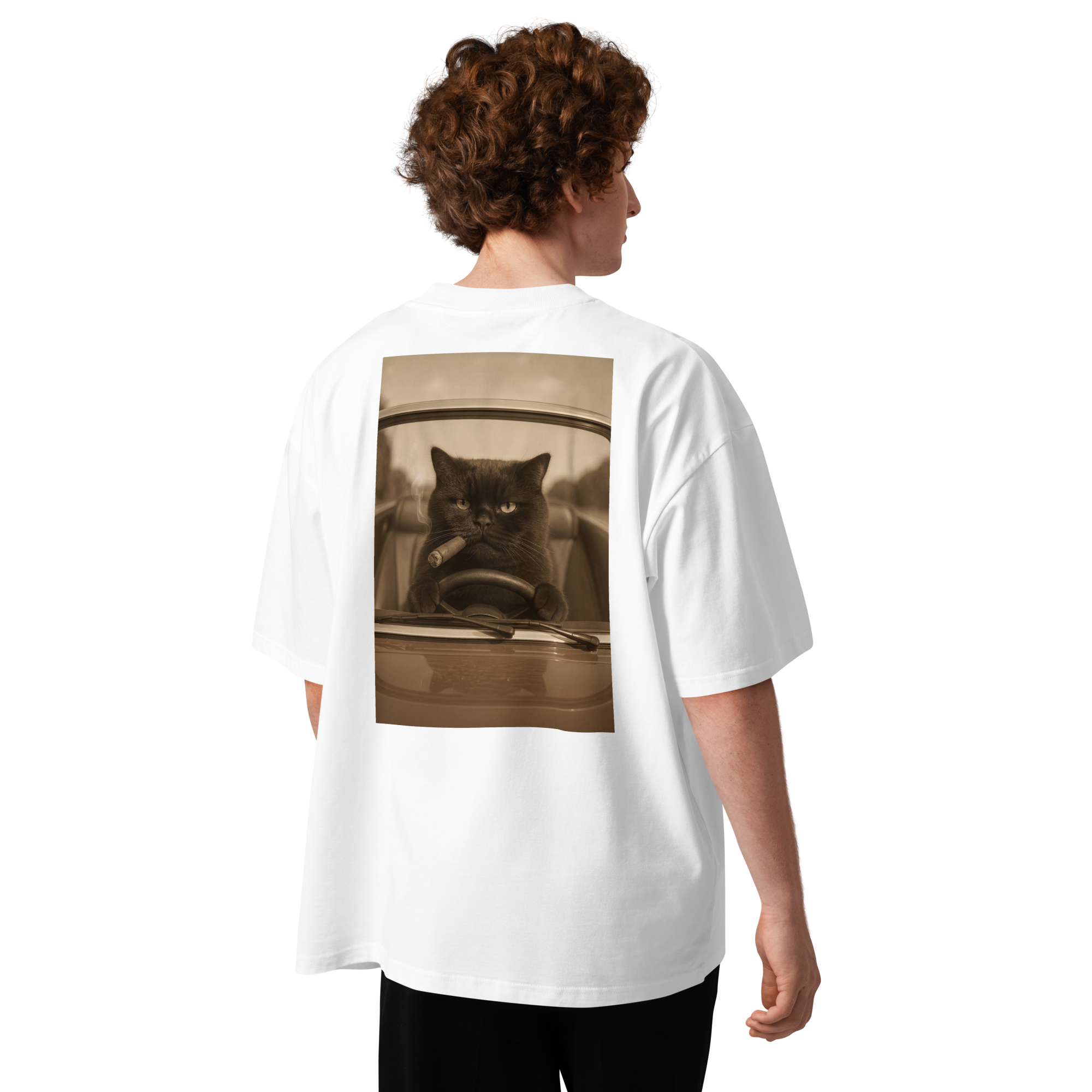 Cigare & Croquettes Car Cat Oversized Tee Shirt White