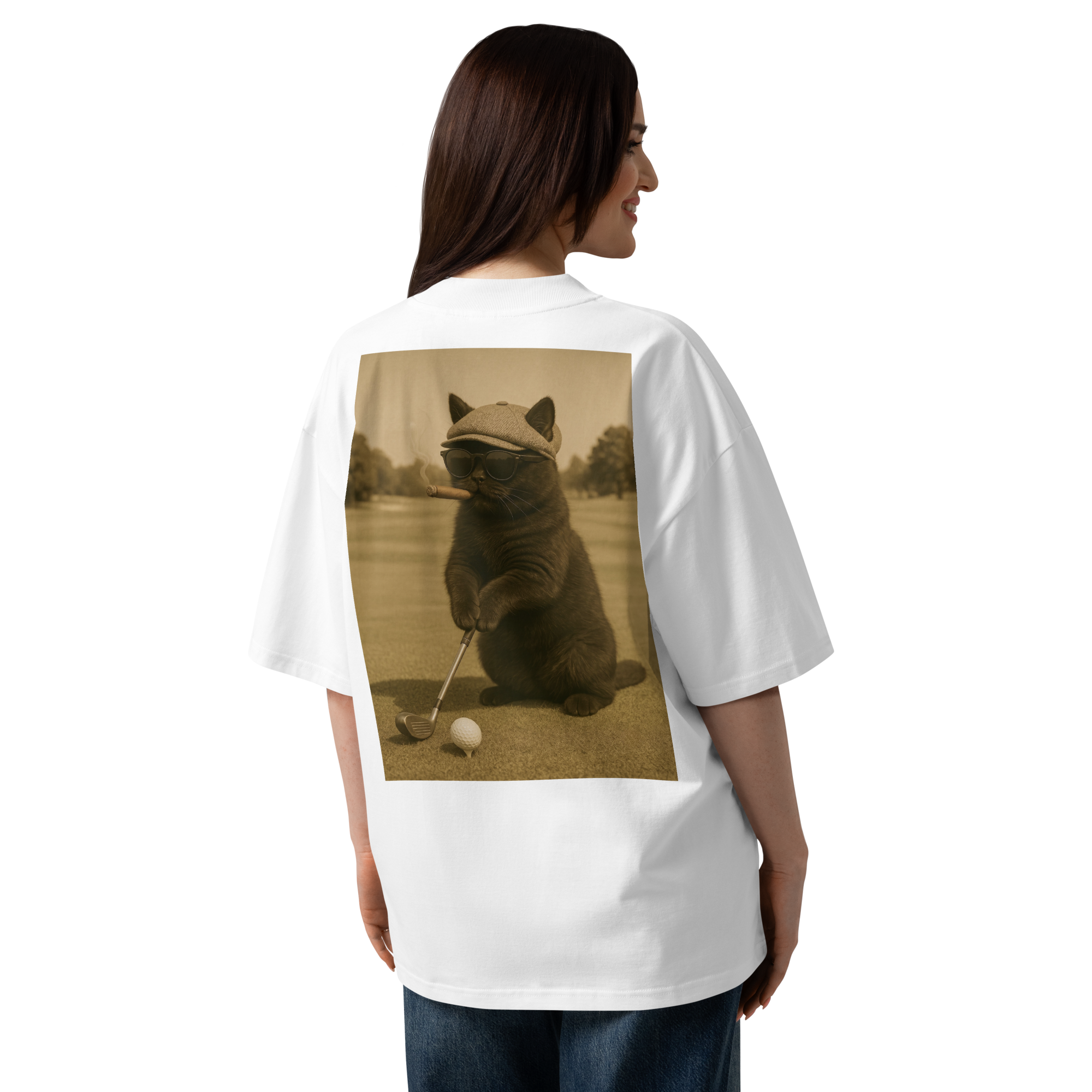 Cigare & Croquettes Golf Cat Oversized Tee Shirt White Woman