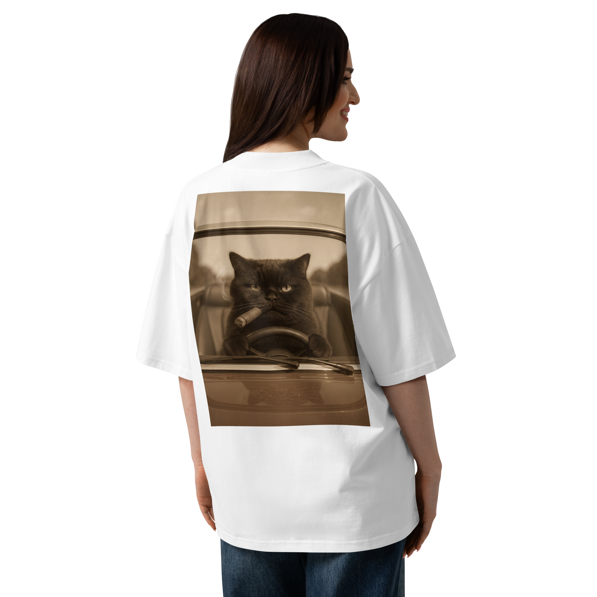 Cigare & Croquettes Car Cat Oversized Tee Shirt White Woman