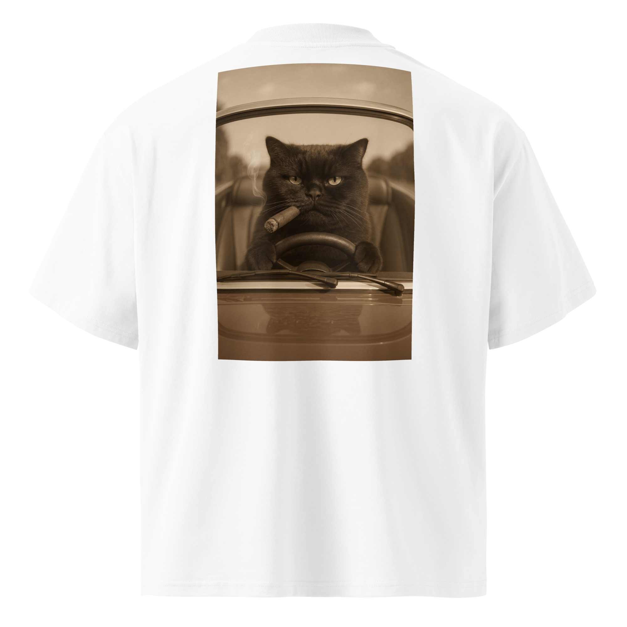 Cigare & Croquettes Car Cat Oversized Tee Shirt White Woman