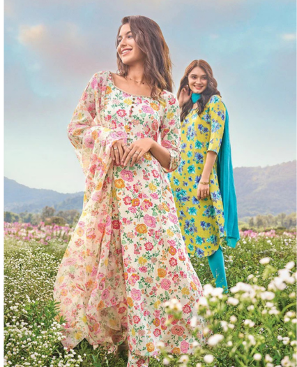 White Floral Printed Flared Kurta, Pants and Dupatta Set