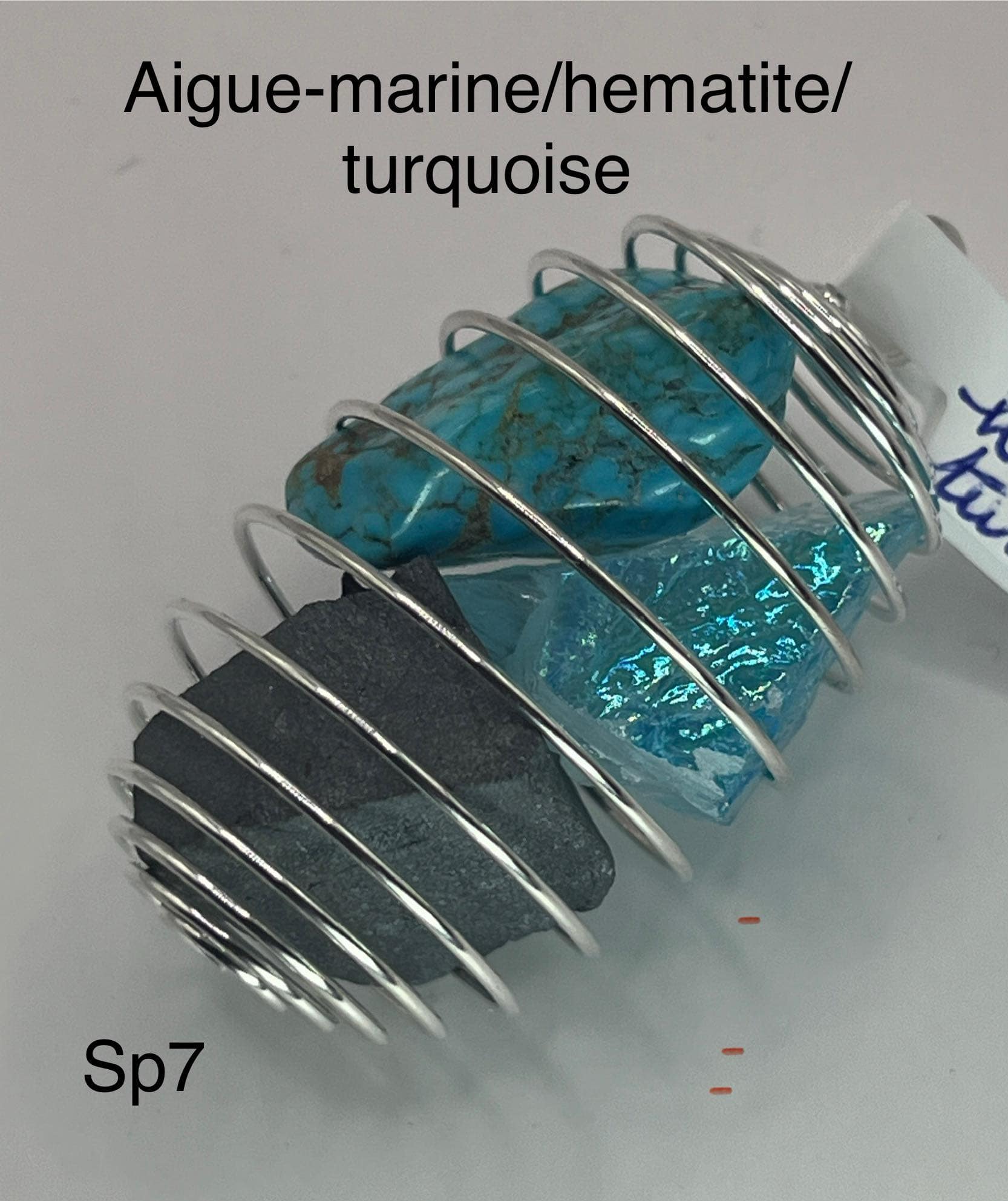 Pendentif spiralé aigue-marine, hématite et turquoise (sp7)