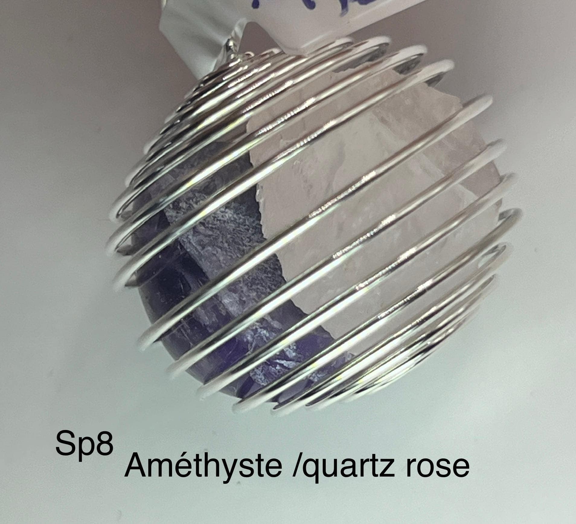 Pendentif spiralé quartz rose et améthyste (sp8)