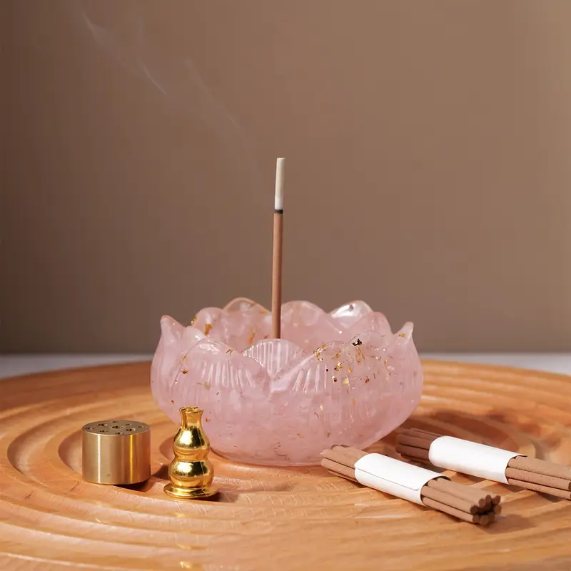 Brûleur d'Encens Lotus Runyangshi Zen avec Pierres de Cristal Naturelles en cristal rose (acc10)