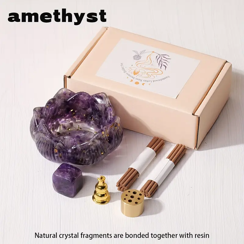 Brûleur d'Encens Lotus Runyangshi Zen avec Pierres de Cristal Naturelles Améthyste (acc12)
