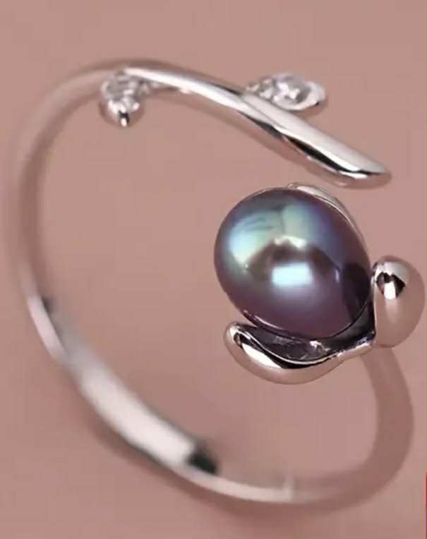 Bague en argent S925 avec perle d'eau douce ovale noire 4-5 mm (Arg23)