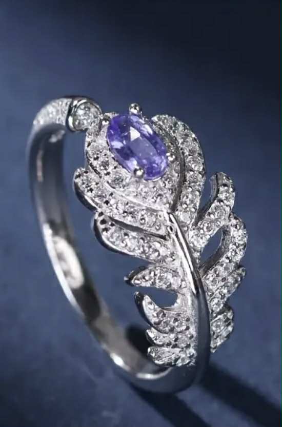 Bague feuille en argent S925 avec pierre de Tanzanite bleue (Arg8)
