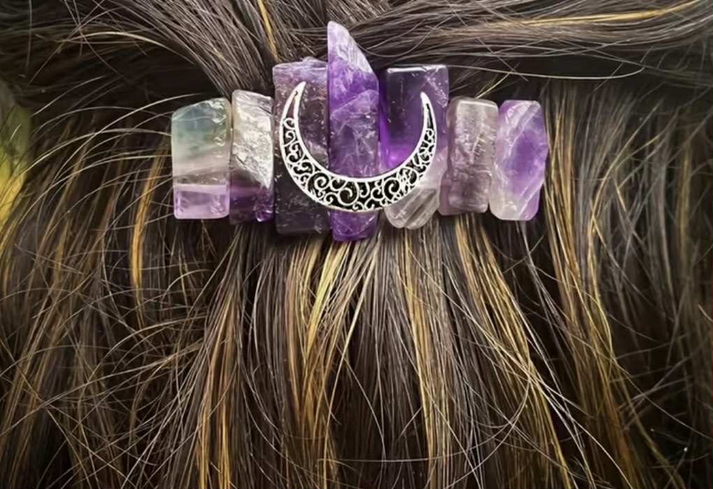Barrette pour cheveux en pierres naturelles et croissant de lune (134)