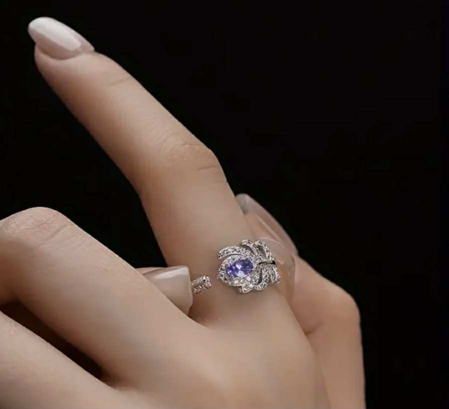 Bague feuille en argent S925 avec pierre de Tanzanite bleue (Arg8)