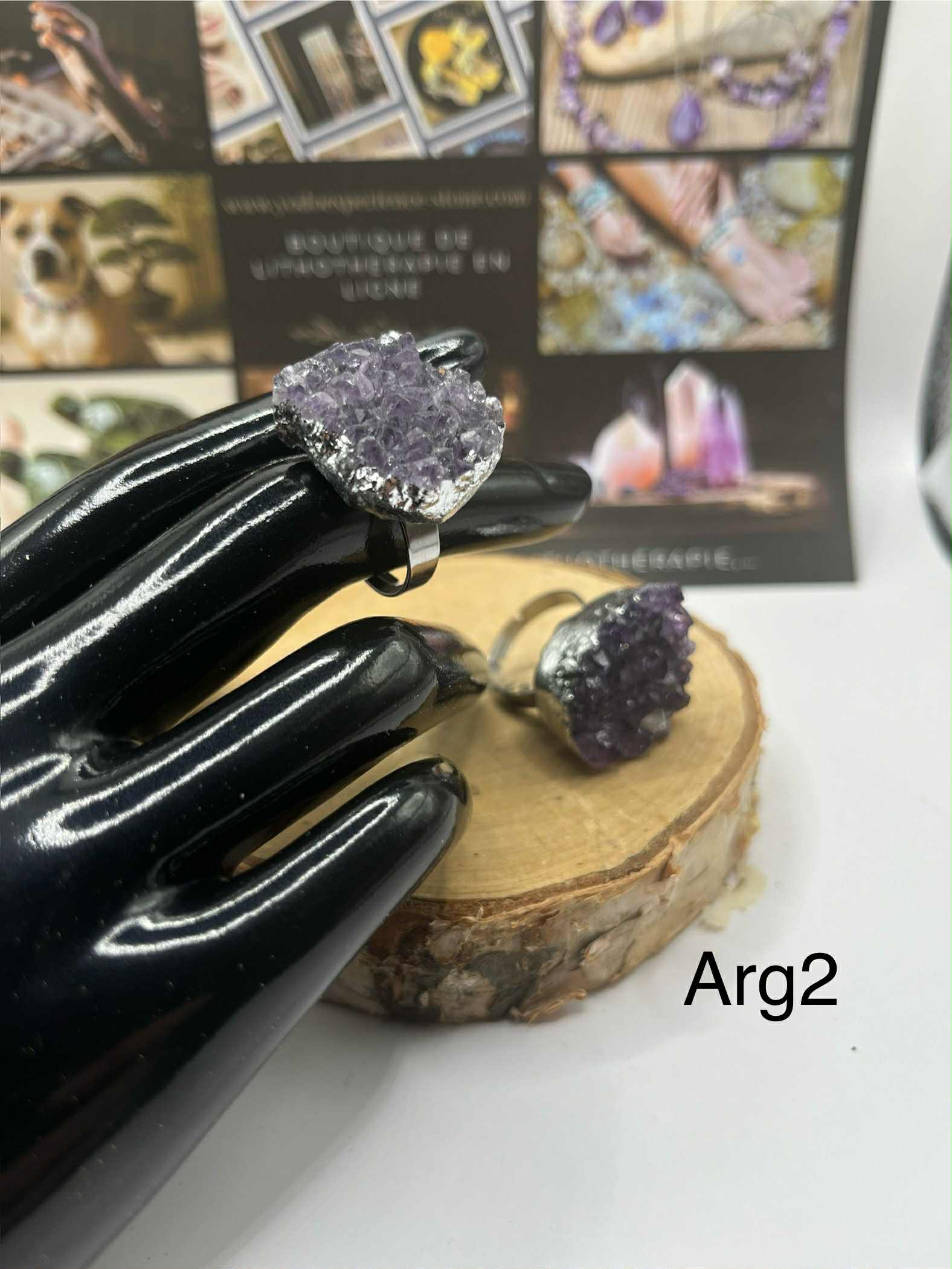 Anneaux avec pierre brute d'Améthyste druzy (Arg2)