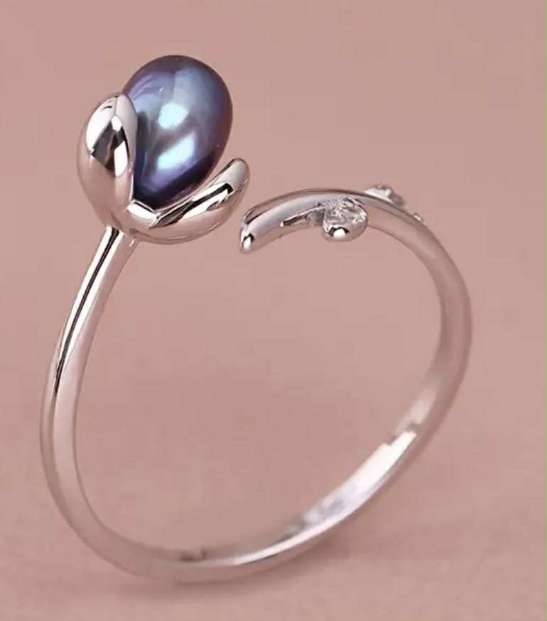 Bague en argent S925 avec perle d'eau douce ovale noire 4-5 mm (Arg23)