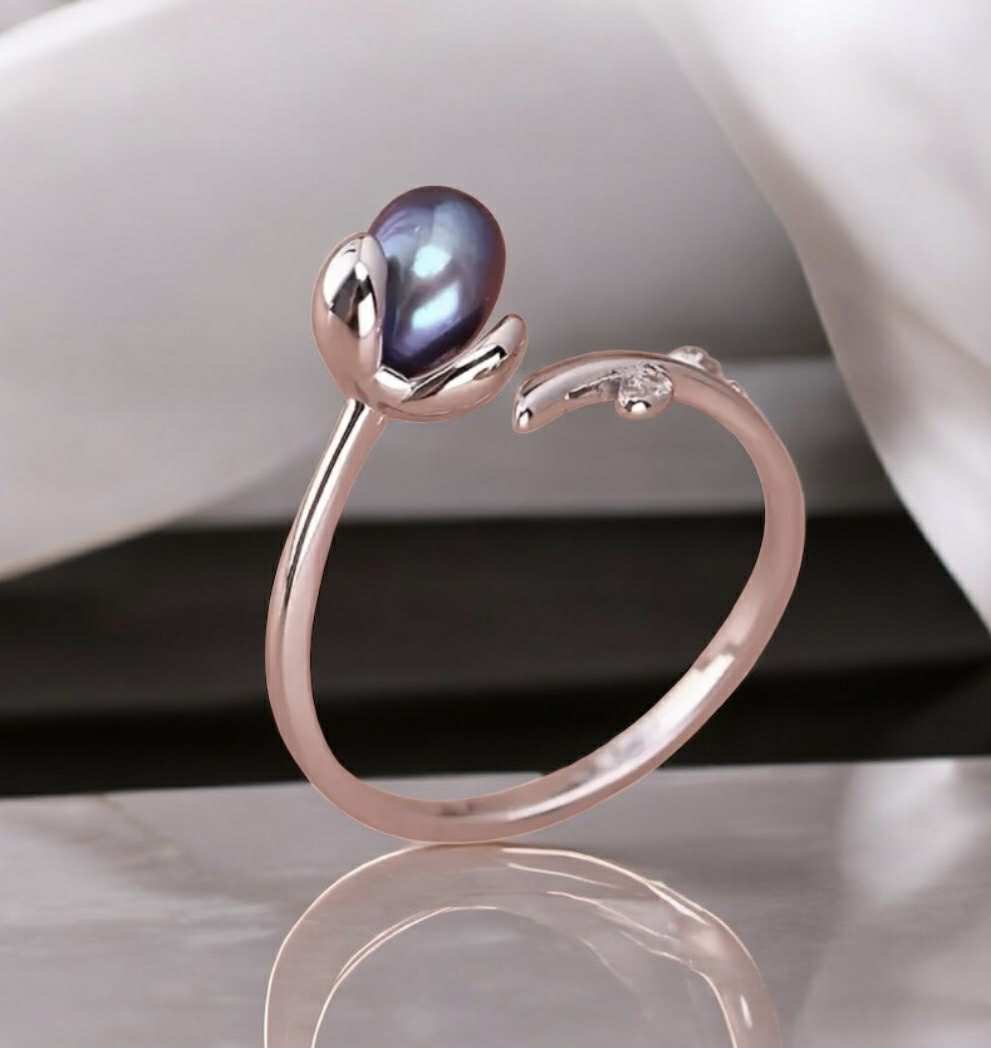 Bague en argent S925 avec perle d'eau douce ovale noire 4-5 mm (Arg23)