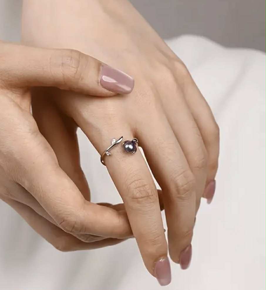 Bague en argent S925 avec perle d'eau douce ovale noire 4-5 mm (Arg23)