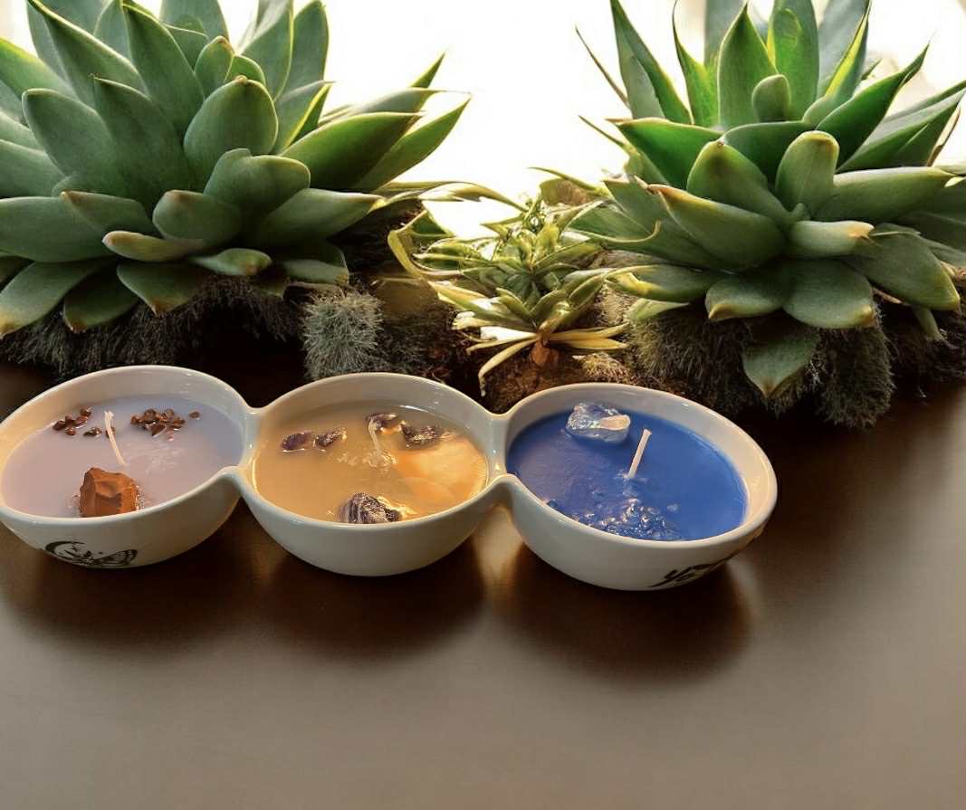 Bougies artisanales 3 parfums vitalité, bien-être, relax/ sommeil paisible, beauté et fragilité/clarté, calme, énergie et harmonie (Boug31)