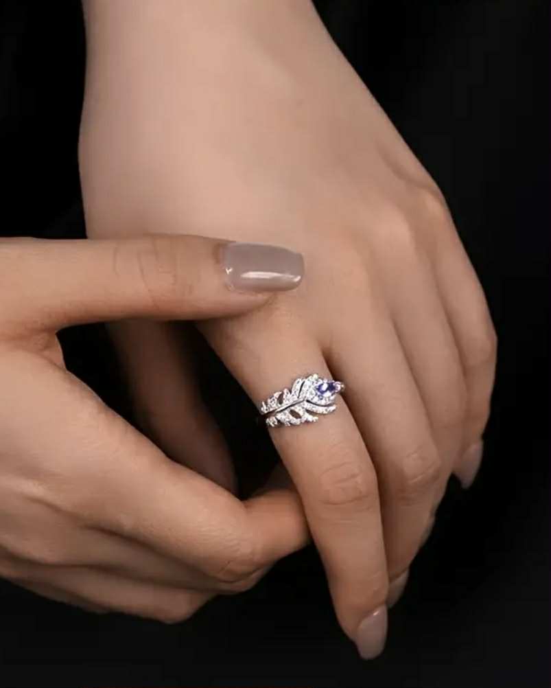 Bague feuille en argent S925 avec pierre de Tanzanite bleue (Arg8)