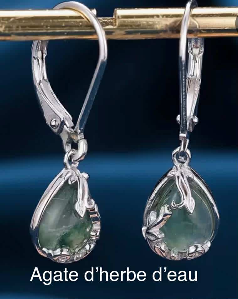 Boucles d'oreilles en agate d’herbe d’eau et argent S925 (Arg16)
