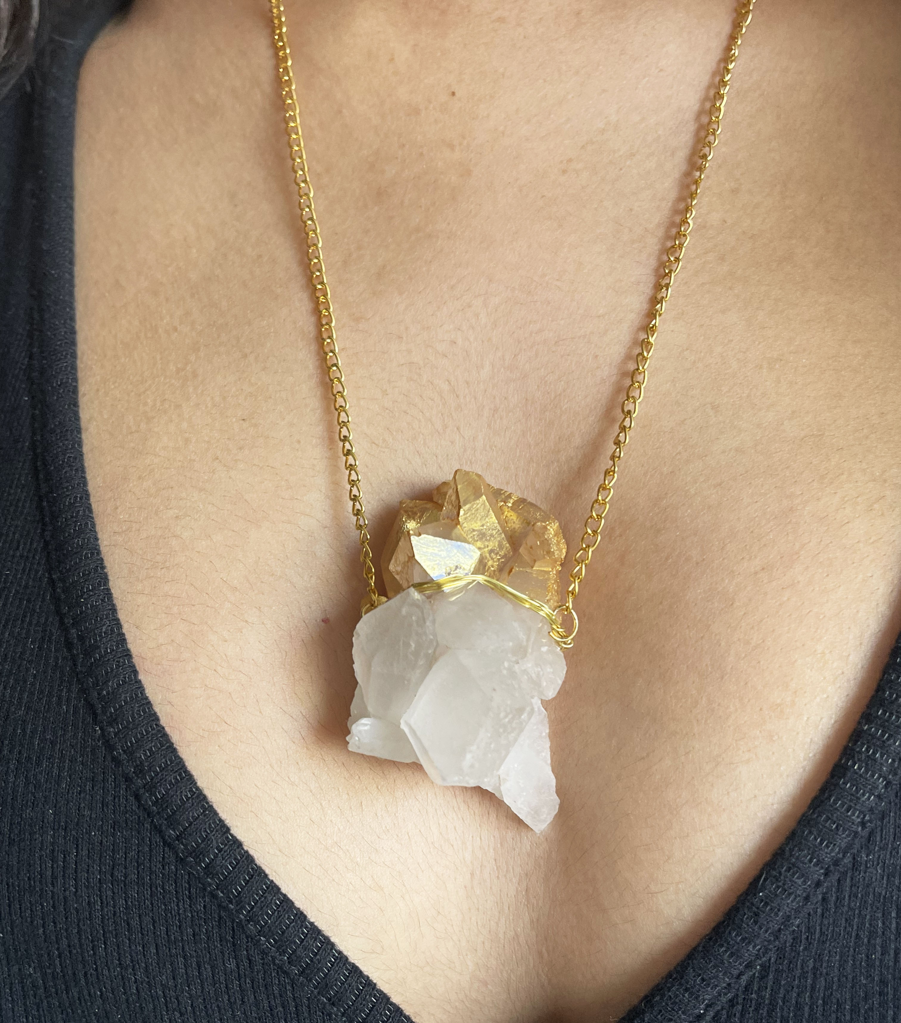 Clear Quartz and gold finish necklace