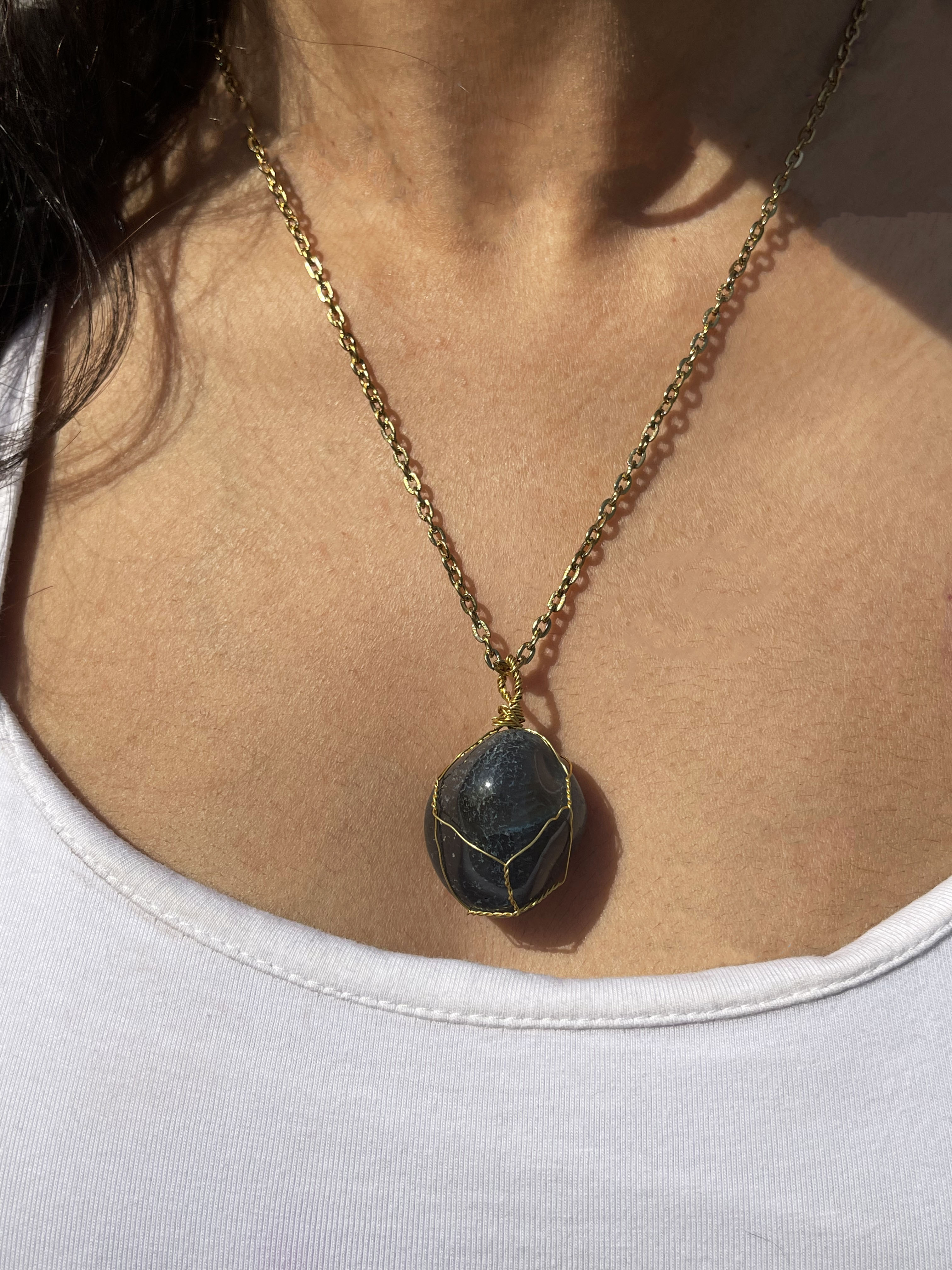 Gold Chain Necklace with Black Stone Pendant
