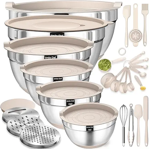 Mixing Bowls with Airtight Lids Set, 26PCS Stainless Steel Khaki Bowls with Grater Attachments, Non-Slip