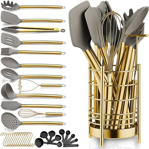 Gold Kitchen Utensils Set, Berglander 38 Pieces Non-stick Silicone Cooking Tools Spoon Spatula Set With Sturdy
