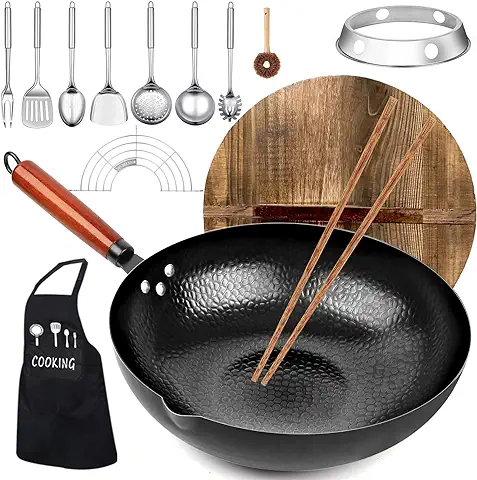 Carbon Steel Wok Pan, 14 Piece Woks & Stir-Fry Pans Set with Wooden Lid Cookwares,