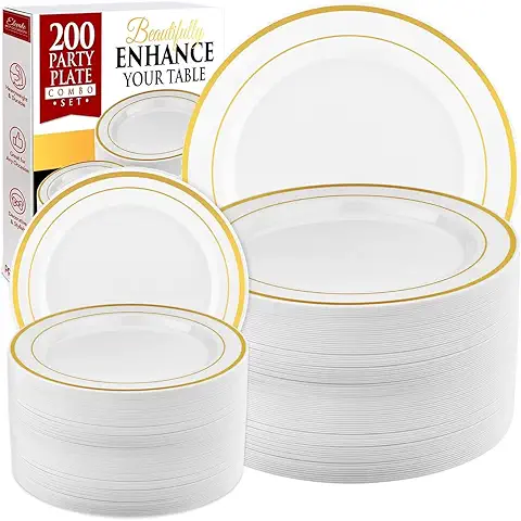 Prestee 200pc Gold Disposable Plates Set – 100 Dinner and 100 Salad Plates, White with Gold Rim – Heavy-Duty Plast
