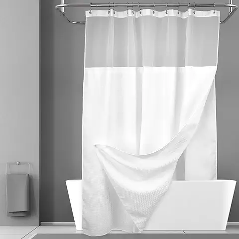 Waffle Weave Shower Curtain with Snap-in Fabric Liner Set, 12 White Hooks Included 