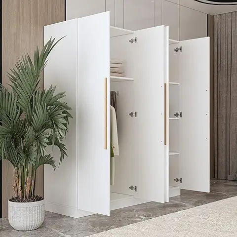 FUFU&GAGA Modern Freestanding Solid Wood Wardrobe Closet with Storage Shelves White