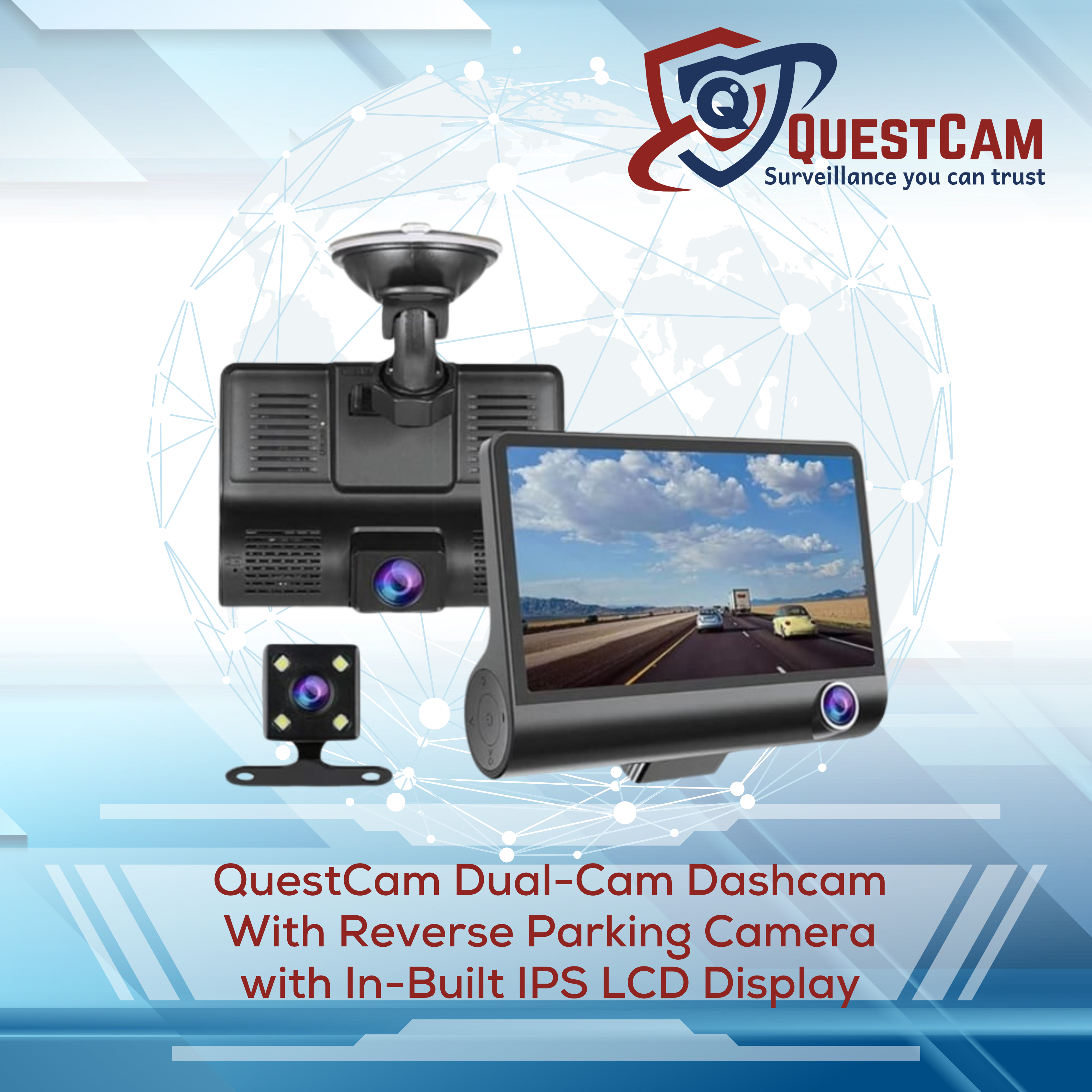 QuestCam Dual-Cam Dashcam with Reverse Parking Camera & 4" IPS LCD Screen