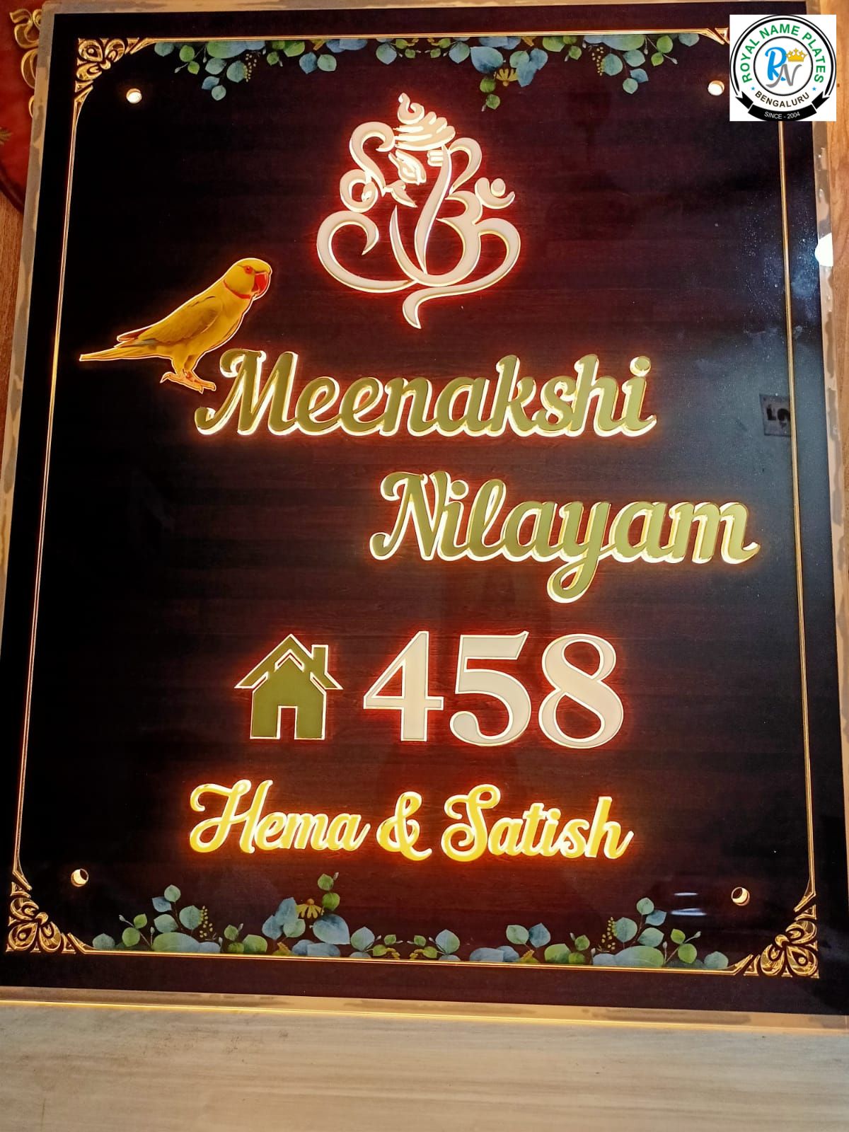 Illuminated Acrylic House Name Plate with Lord Gajamukha & Parrot