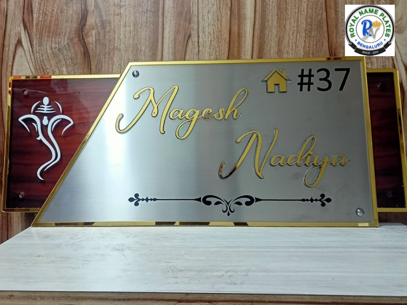 Premium SS House Name Plate with Ganapathi & Golden Accents
