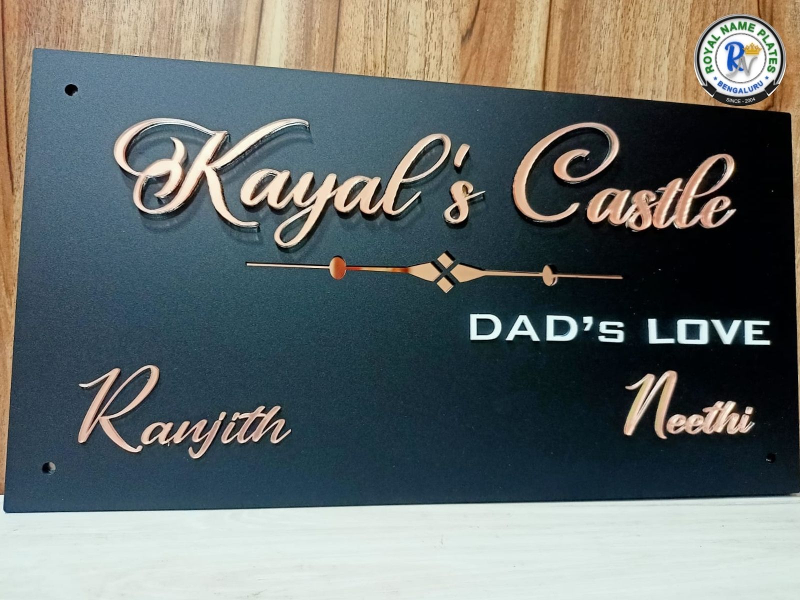 Elegant Matte Black Acrylic House Name Plate – Copper & White Raised Text