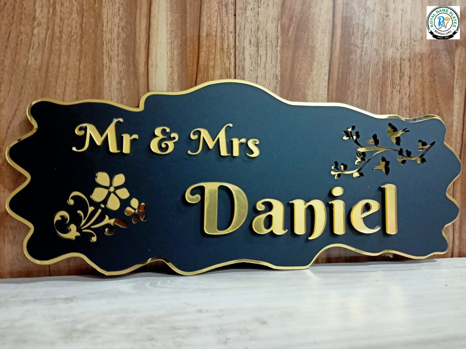 Matte Black Acrylic House Name Plate with Birds & Floral Design