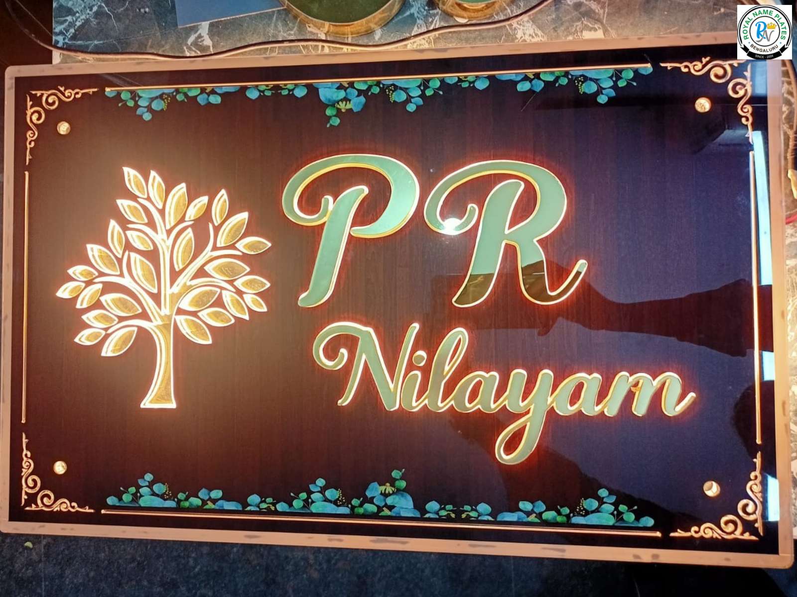 Acrylic LED Name Plate with Tree & Floral Design
