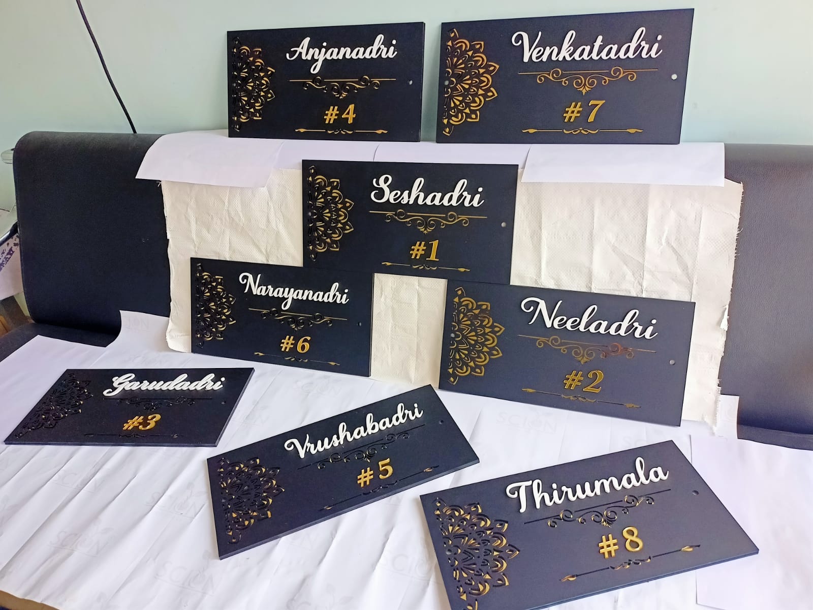 Matte Black Acrylic Name Plate with White Text & Gold Design