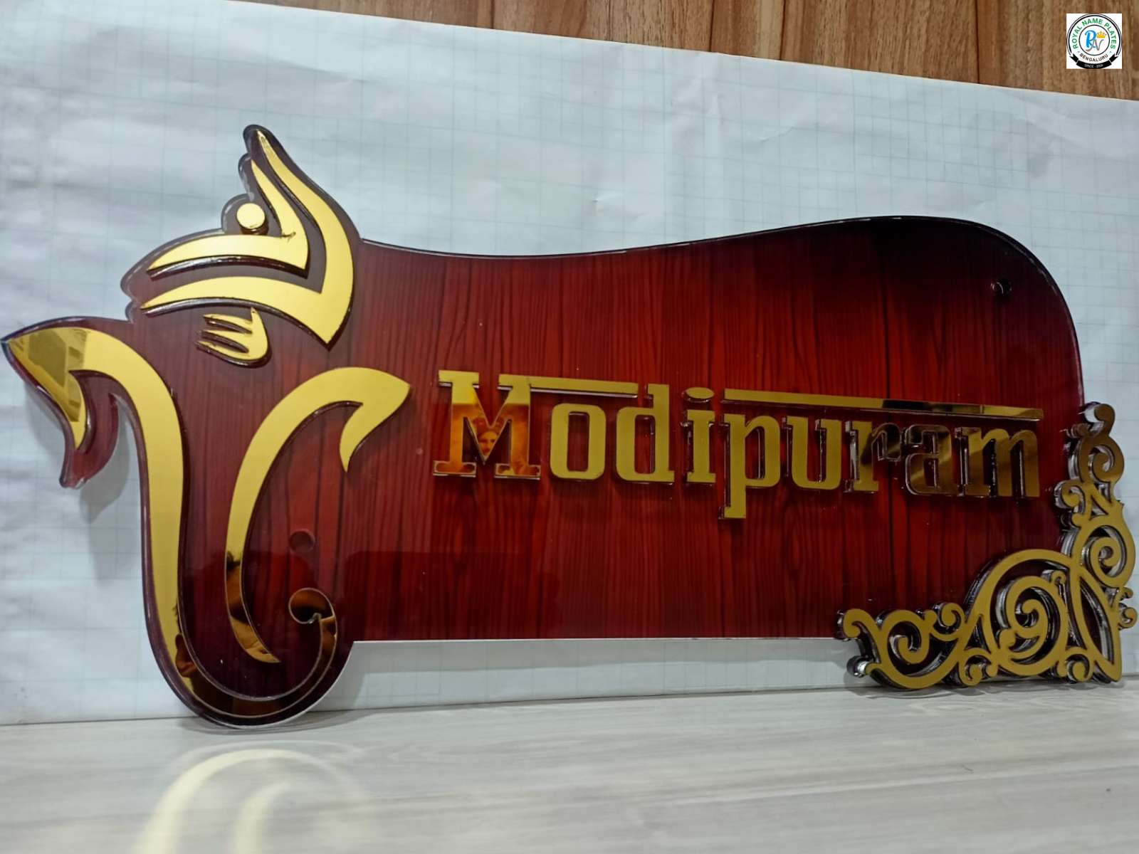 "Acrylic House Name Plate with Golden Text & Lord Gajamukha "