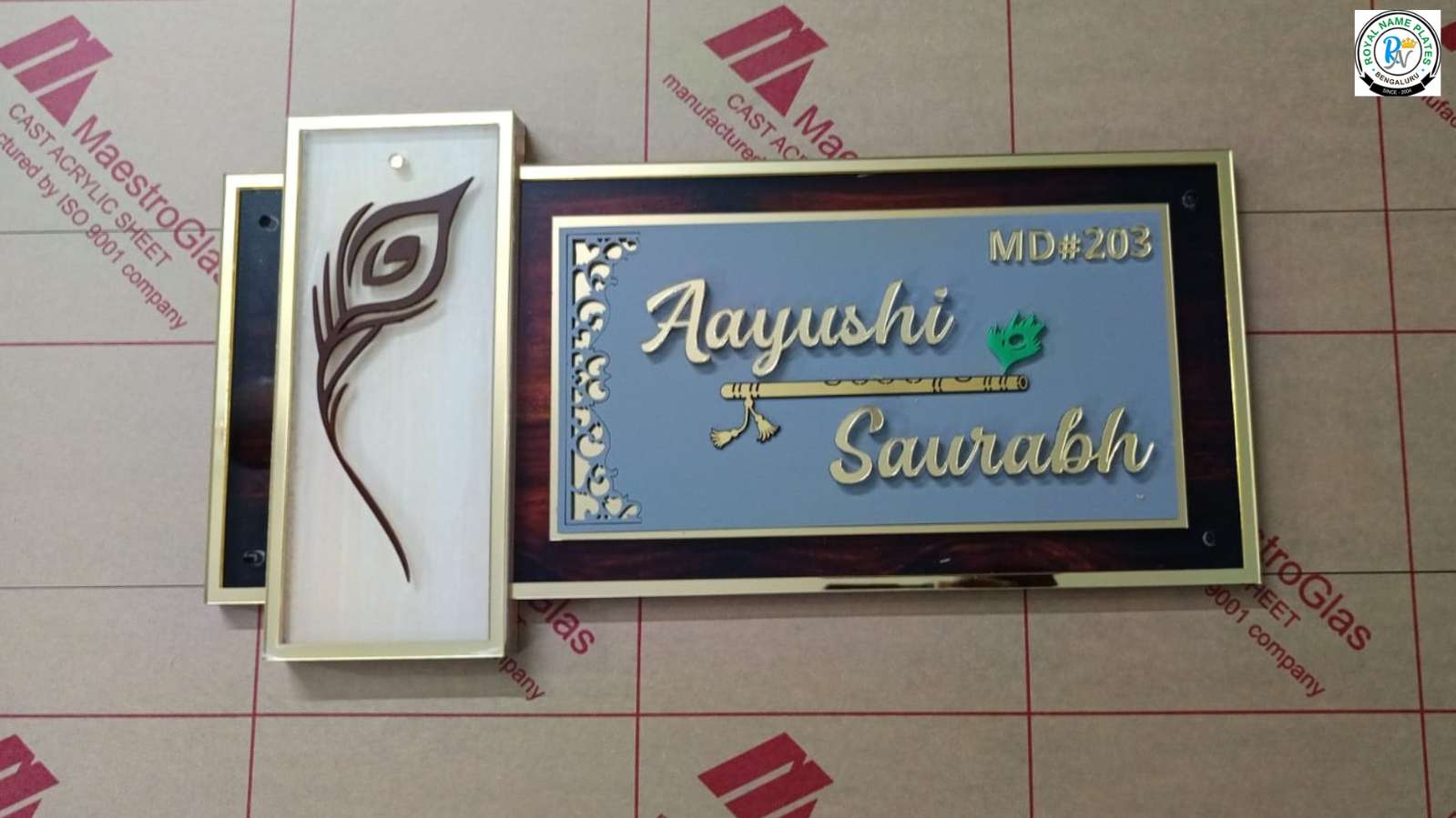 Divine Acrylic Name Plate with Flute & Peacock Feather