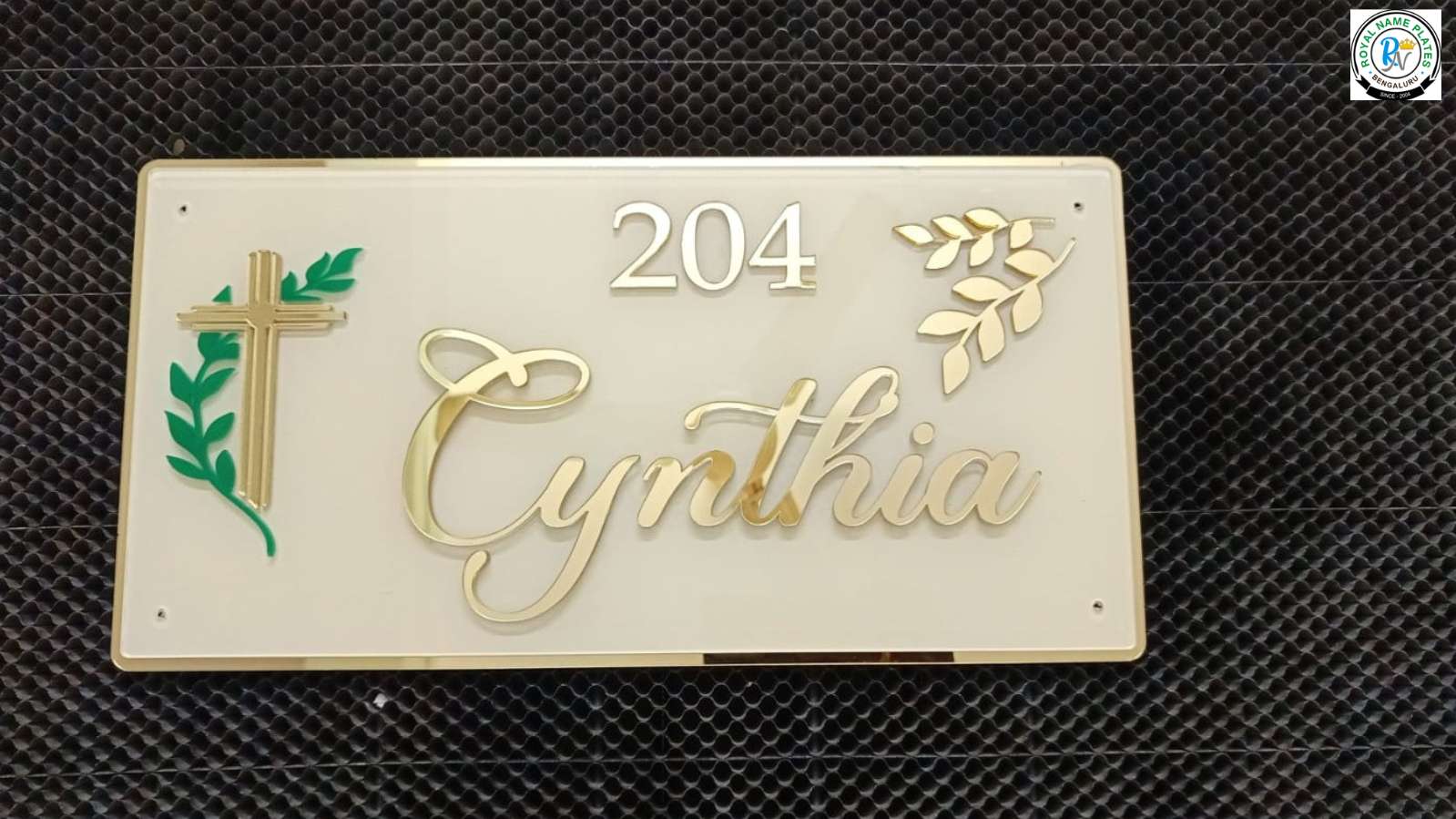 Cream Acrylic Name Plate with Cross & Gold Text for Home