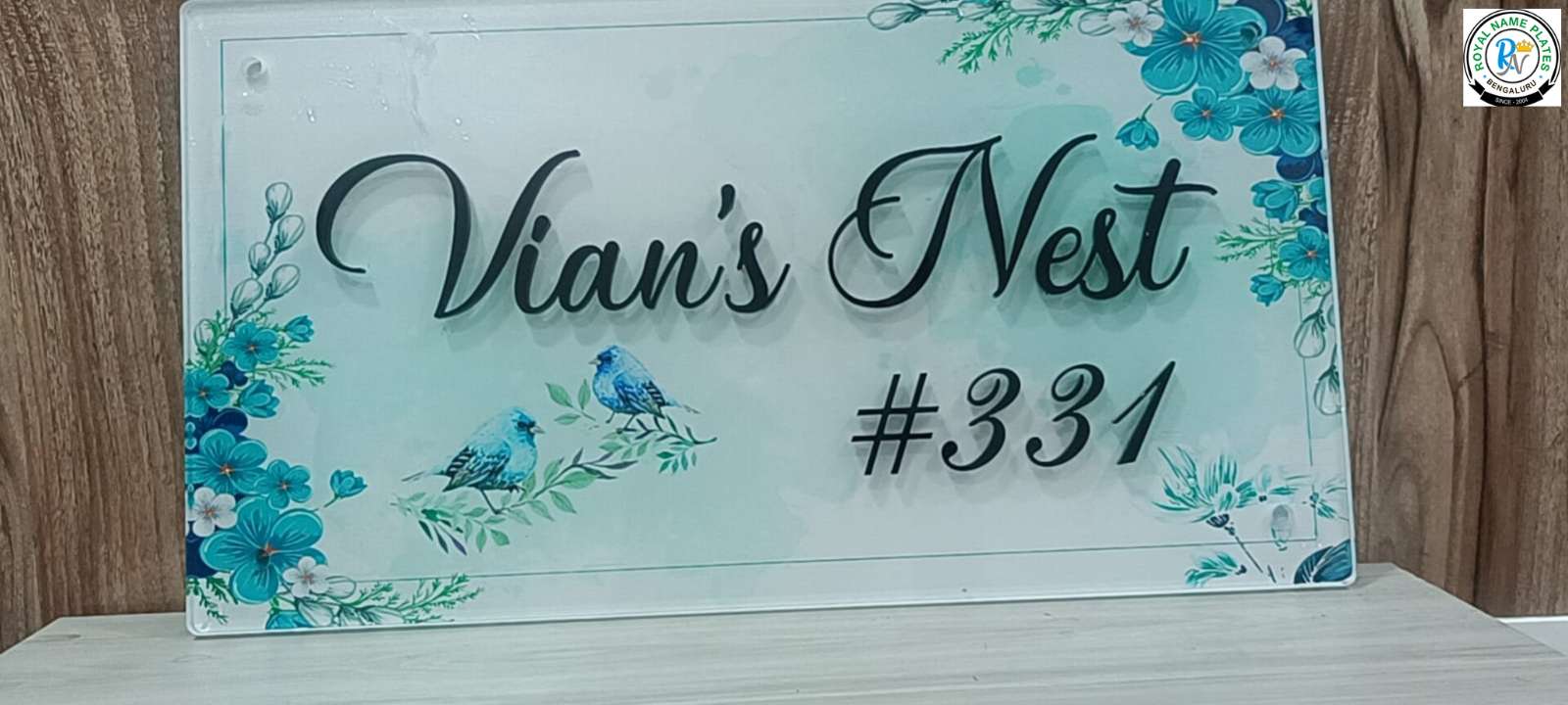 White Acrylic Name Plate with Floral Design & Bird Accents
