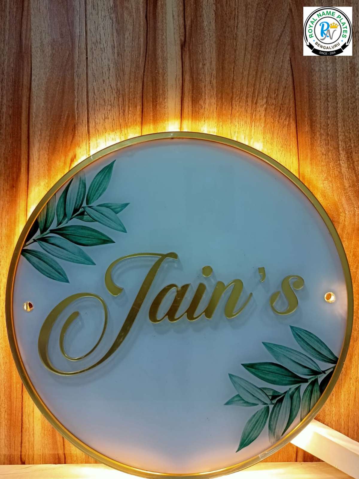 Illuminated Circular Acrylic Name Plate with Golden Text