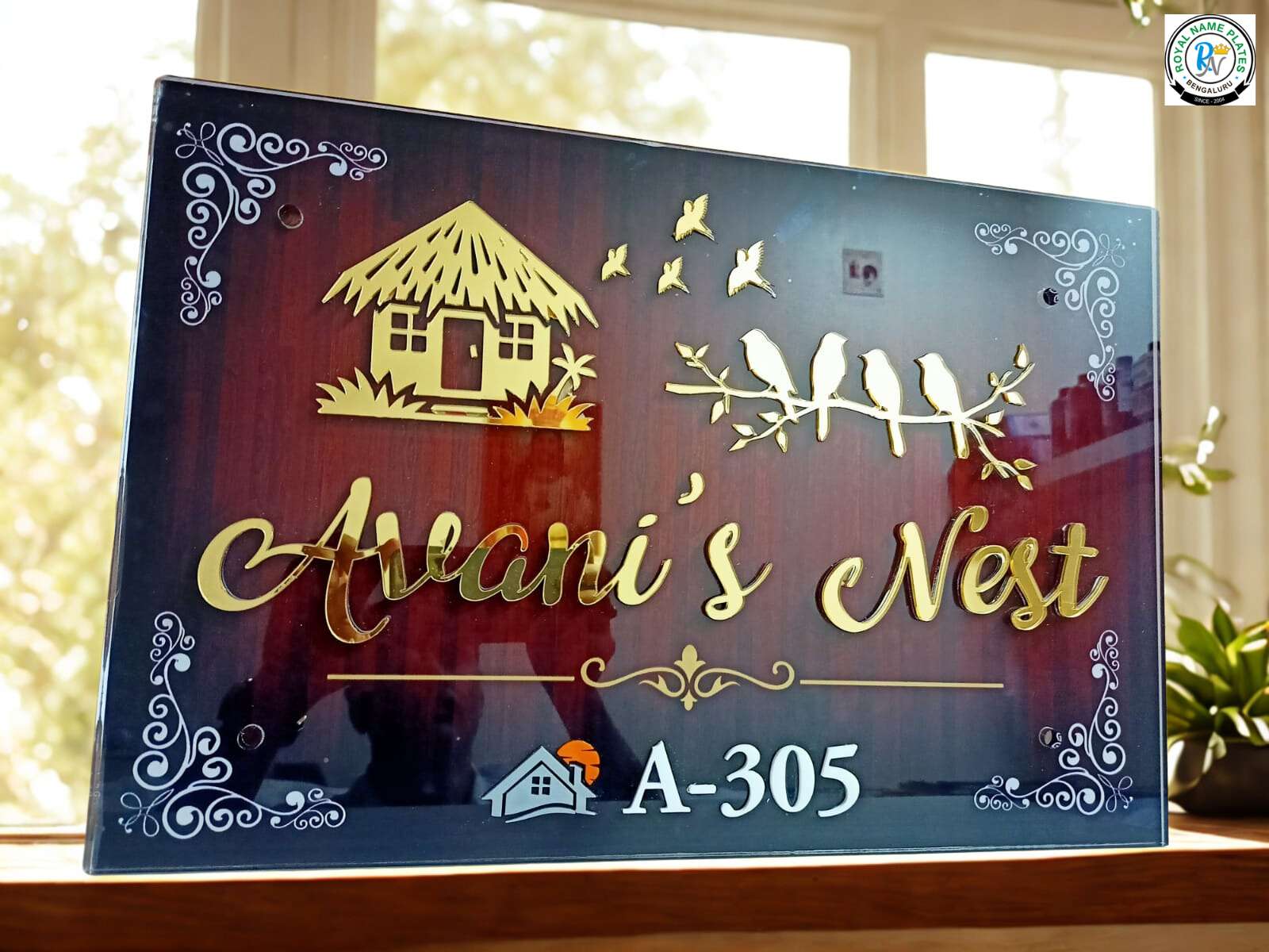 Acrylic House Name Plate with Birds & Cottage Design