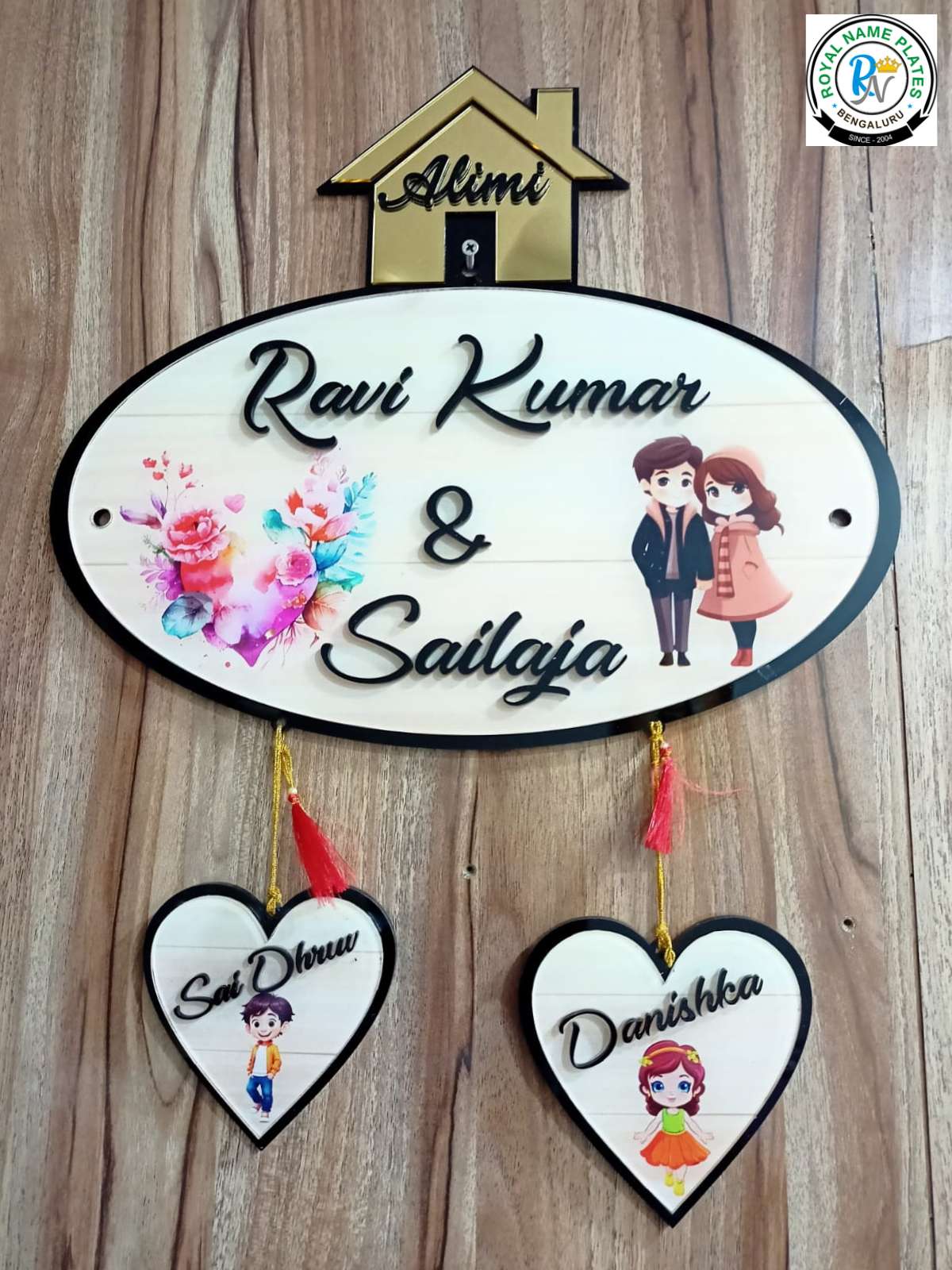 Personalized Oval Acrylic Name Plate with Couple & Kids Design